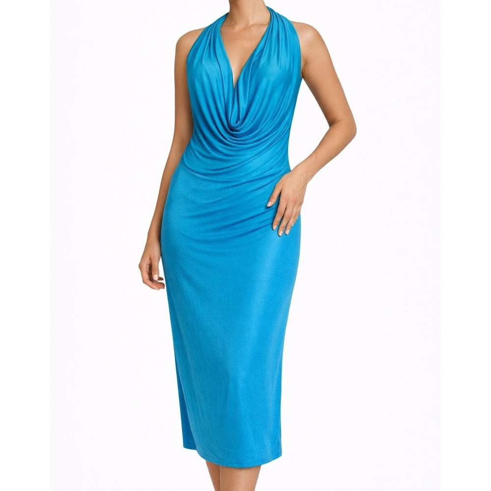 LULUS Blue Halter Cowl Neck Backless Evening Midi Dress NWT Size XL